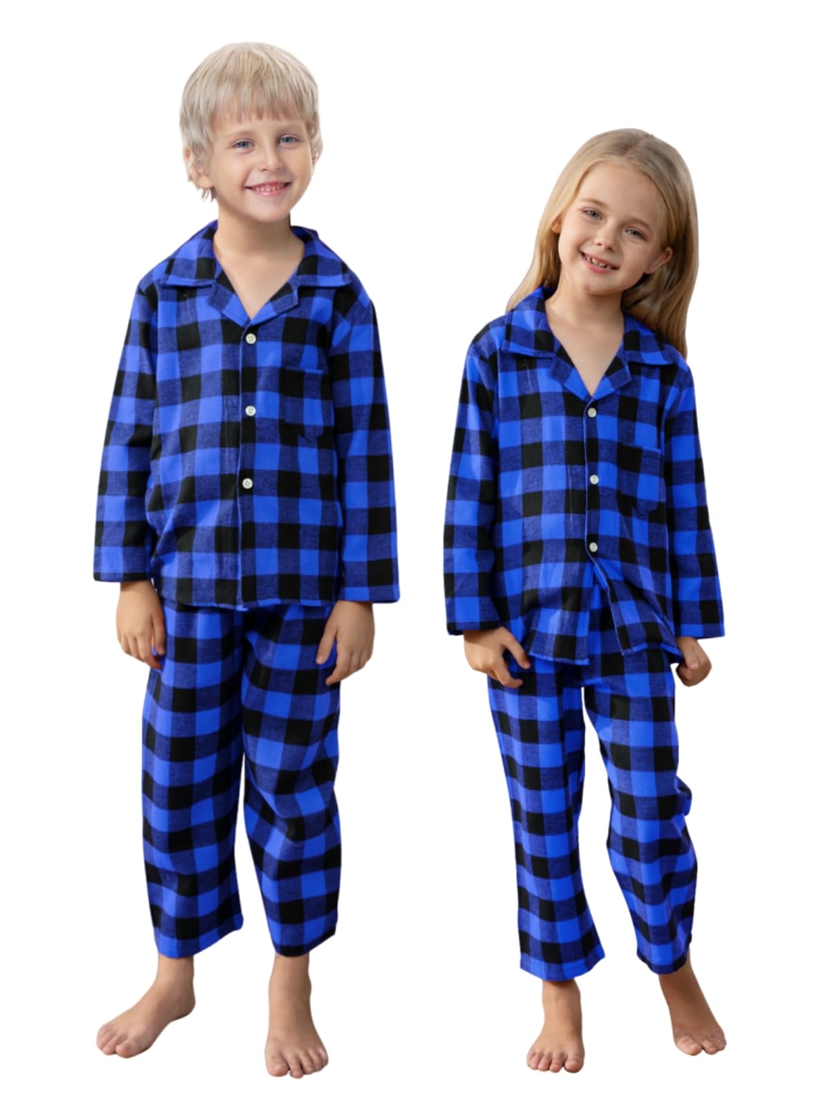 Schbbbta Kids Plaid Pajamas Set, Baby Toddler Little Boy's Girl's 2-Piece Button Down Sleepwear Pjs, Black Blue, 3-4T = Tag 110