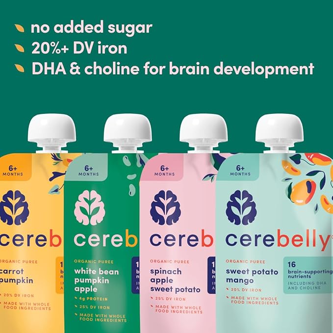 Cerebelly Organic Baby Food Pouches Variety Pack, Veggie & Fruit Purees, 16 Nutrients, No Added Sugar, Fiber & Non-GMO, 4oz, 8 Pack