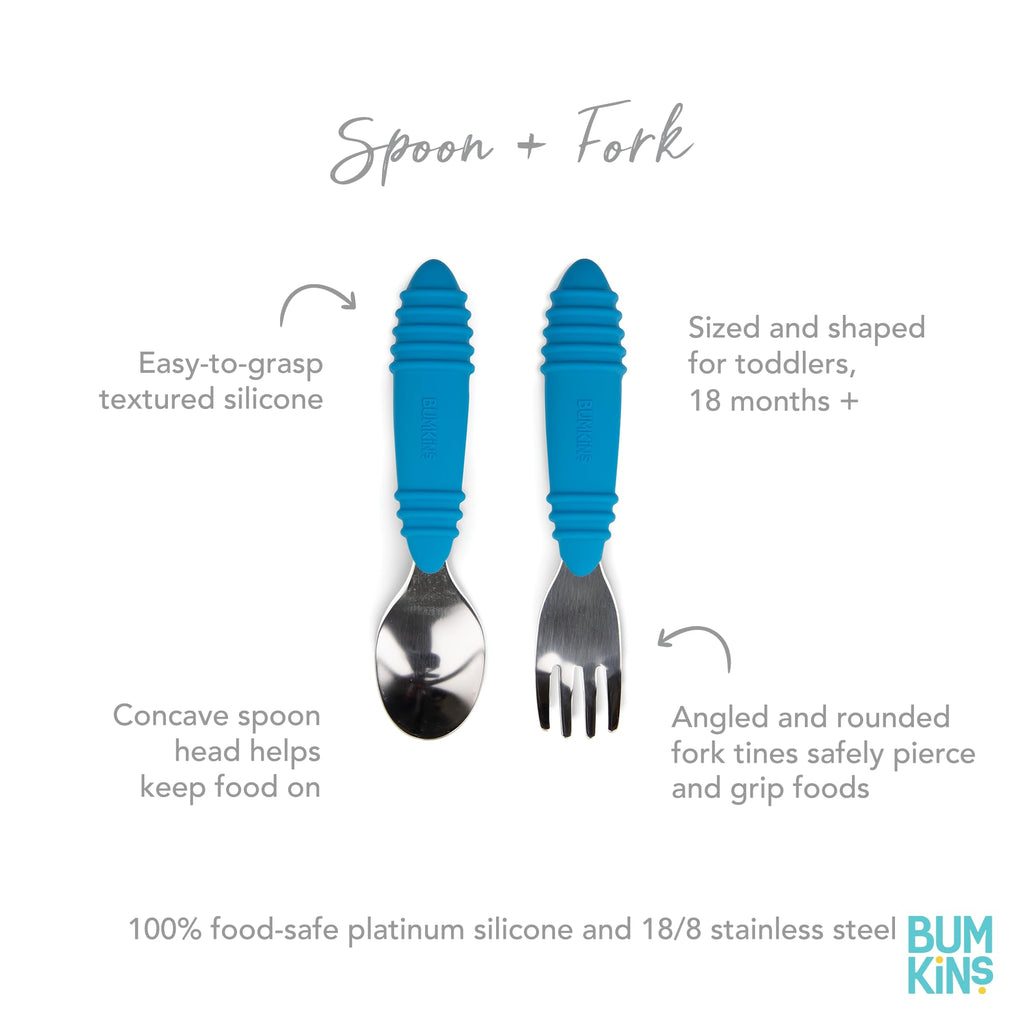 Bumkins Toddler Utensils, Kids Size Fork and Spoon Set, Silicone and Stainless-Steel Training Silverware, Angled Forks / Sporks for Self-Feeding, Children Hold Learning to Eat, 18 Mos Up, Dark Blue