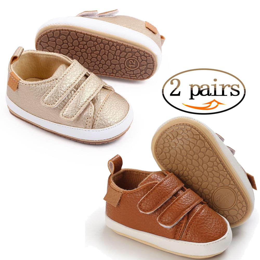 eitwo 2Pairs Baby Shoes,Boys Girls Non-Slip Rubber Sole Sneakers,Unisex Infant Soft Lightweight First Walking Crib Shoes (2Pairs_Brown+Gold,3-6 Months)