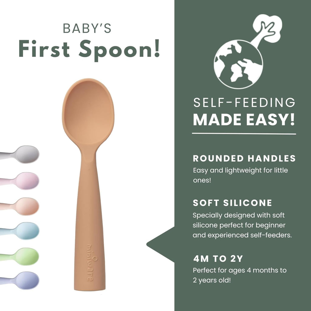 Miniware Sensory Starter Set with Sensory Baby Bowl, Baby Spoon, Roll & Lock Bib - Easy to Clean Baby Feeding Set to Promote Self-Feeding- Toddler Feeding Essentials - Almond Butter