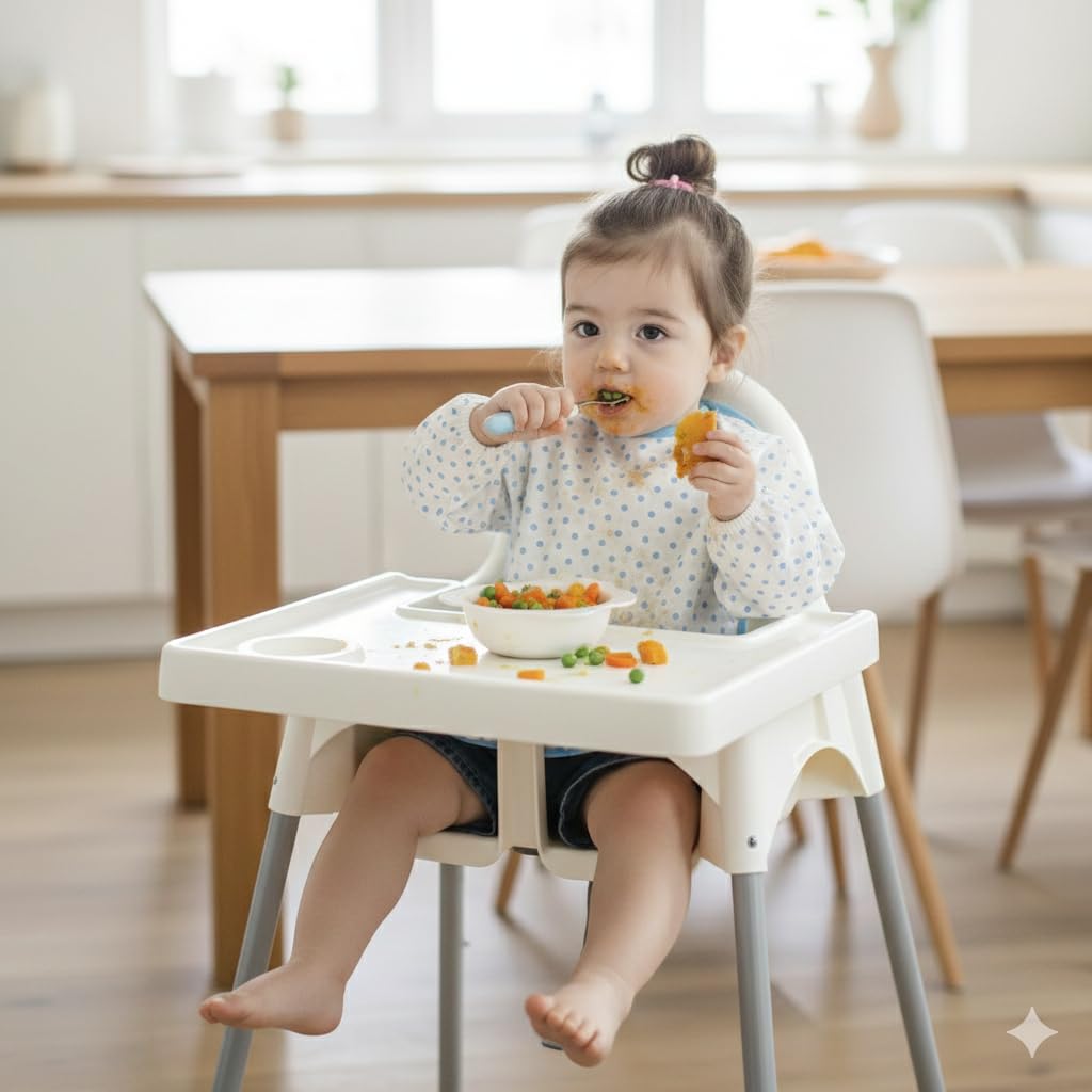 Plie Long Sleeve Waterproof Bib for Toddlers – Soft Feeding Smock for Baby Mealtime, Self-Feeding, Painting & Messy Play, BPA-Free, Easy Clean (6–24 Months) - Blue Heart