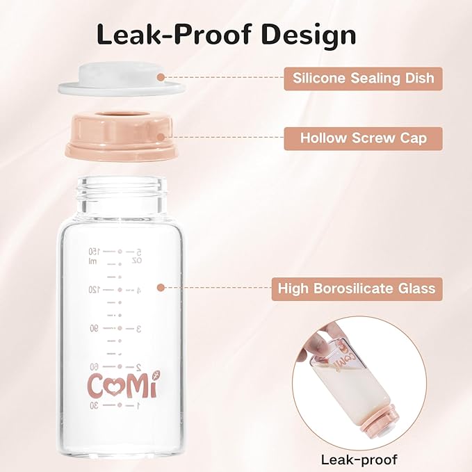 COMI Natural Glass Baby Bottle,Standard Neck Breastmilk Storage Bottle for Fridge,Breast Milk Container,Breast Pump Bottle Compatible with Medela Breast Pump,BPA Free,4PCS (5oz, 2 Gray+2 Pink)