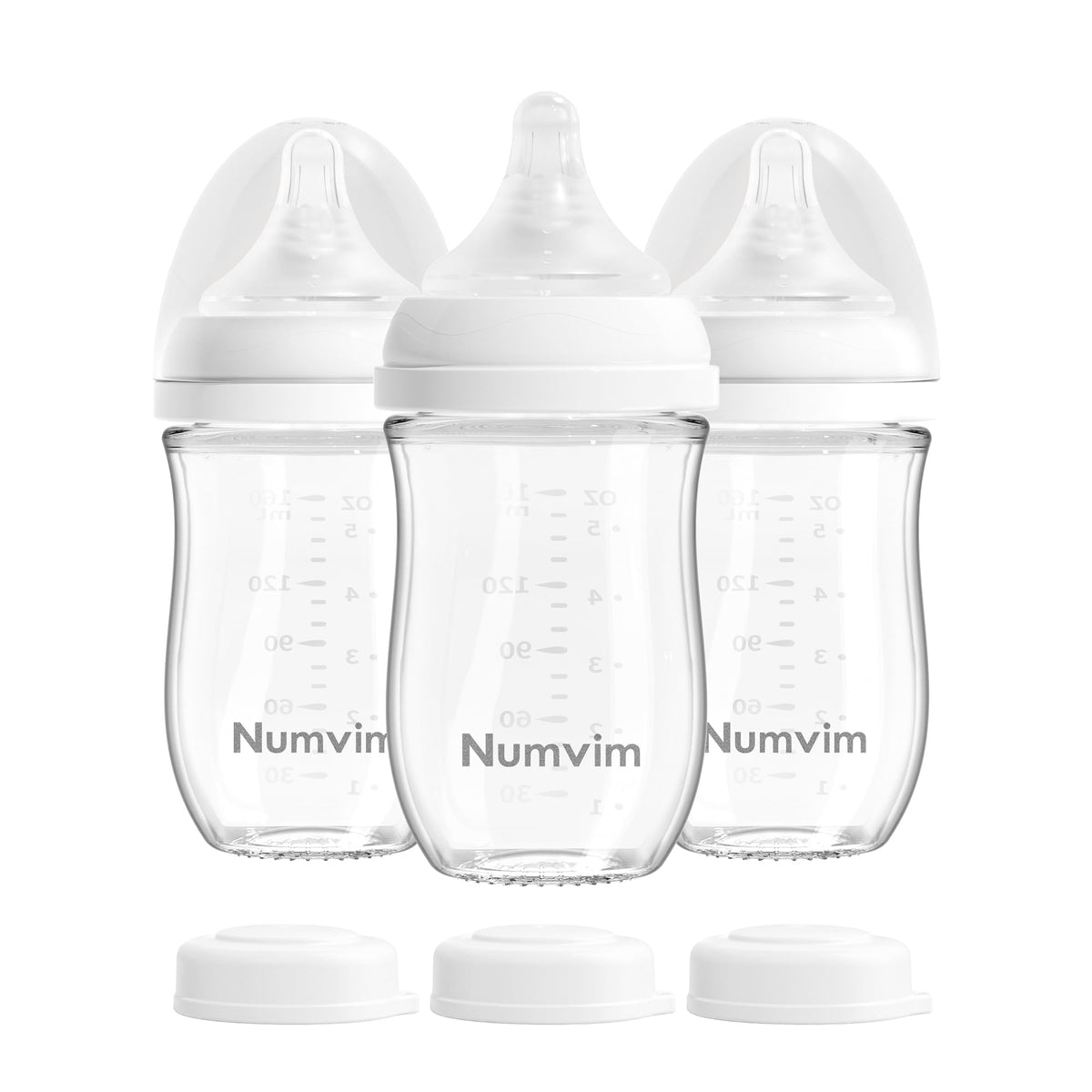 Numvim Natural Glass Baby Bottles with Gentle & Slow Flow Nipples, Newborn Breastfeeding Bottle, Anti-Colic, Includes M Nipples(3 Month+),3 Packs (White 8 Oz)