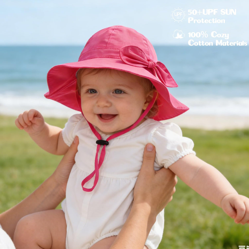 Baby Girl Sun Hat with UPF 50+ Outdoor Adjustable Beach Hat with Wide Brim Bucket Hats (6-12 Months, Rose-red)
