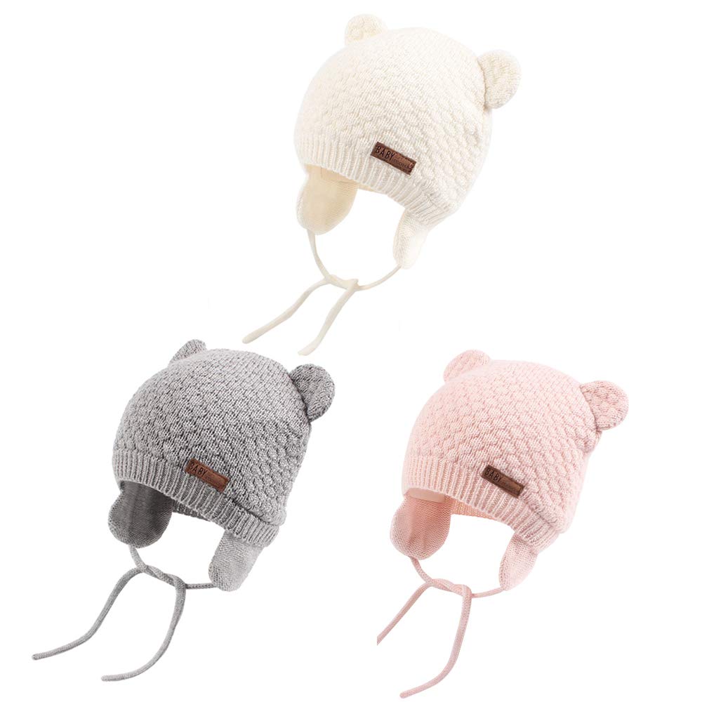 XIAOHAWANG Baby Hat Cute Bear Toddler Earflap Beanie Warm for Fall Winter (A-Set Grey+White+Pink, M(6-12 Months))