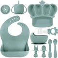 Silicone Baby Feeding Set 10 Pcs Baby Led Weaning Supplies Suction Bowl Divided Plate Baby Bibs Fruit feeder Pacifier Baby Spoons Forks Sippy Cup Utensil Sets Baby Essentials for Newborn Grey Blue