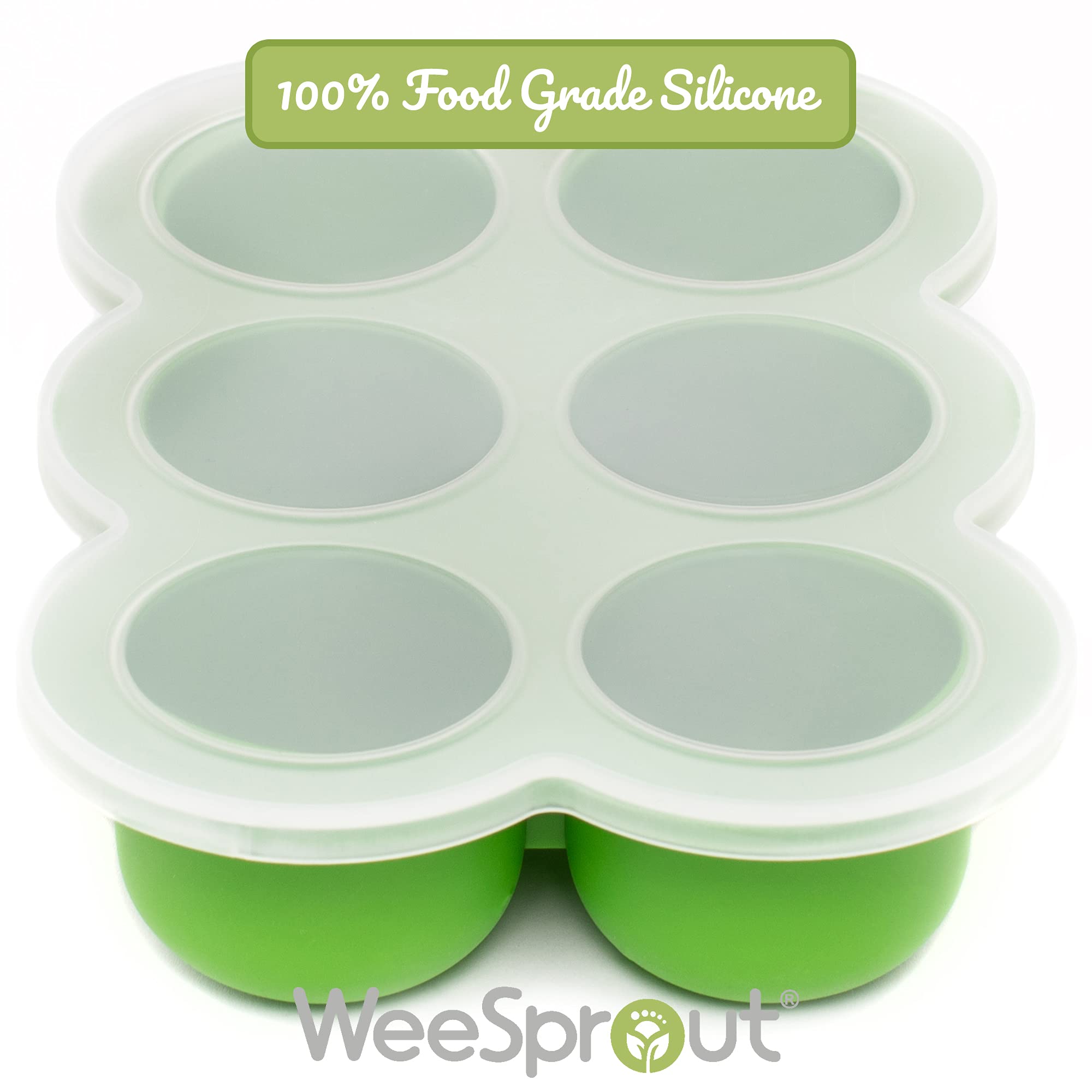 WeeSprout Silicone Freezer Tray with Clip on Lid Perfect Food Storage Container for Homemade Baby Food, Vegetable, Fruit Purees, and Breast Milk (Bright Green, Six 3 Ounce Sections)