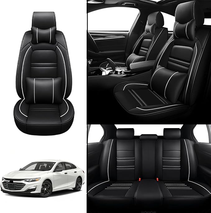 Car Seat Covers for Malibu 2004-2025 | 5-Seats Seat Covers, Waterproof Seat Protectors, Automotive Seat Covers (Full Set with Pillow,Black&White Line)