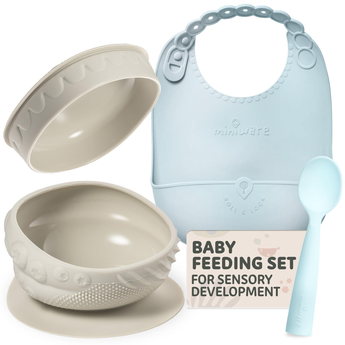 Miniware Sensory Starter Set with Sensory Baby Bowl, Baby Spoon, Roll & Lock Bib - Easy to Clean Baby Feeding Set to Promote Self-Feeding- Toddler Feeding Essentials - Raspberry