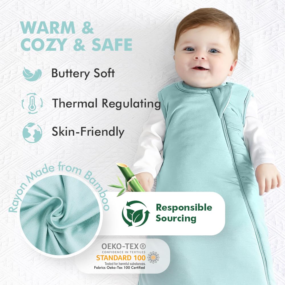 HAPIU Rayon Made from Bamboo Winter Baby Sleep Sack 2.5 TOG, 2-Way Premium Zipper, Warm Quilted Wearable Blanket Baby Infant Toddler, 18-36 Months, Sage