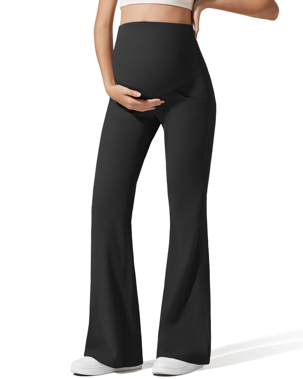 G4Free Maternity Pants for Women with Pockets Over The Belly Stretchy Trousers Casual Yoga Pregnancy Bell Bottom Leggings(Black,M,Regular)