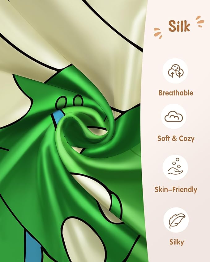 Toddler Pillowcases 13"x18" for Kids - Cute Cartoon Soft Breathable Silk Pillow Cases for Hair and Skin with Hidden Zipper for Girls Fun Kawaii Design for Bedding, Green Dnosaur