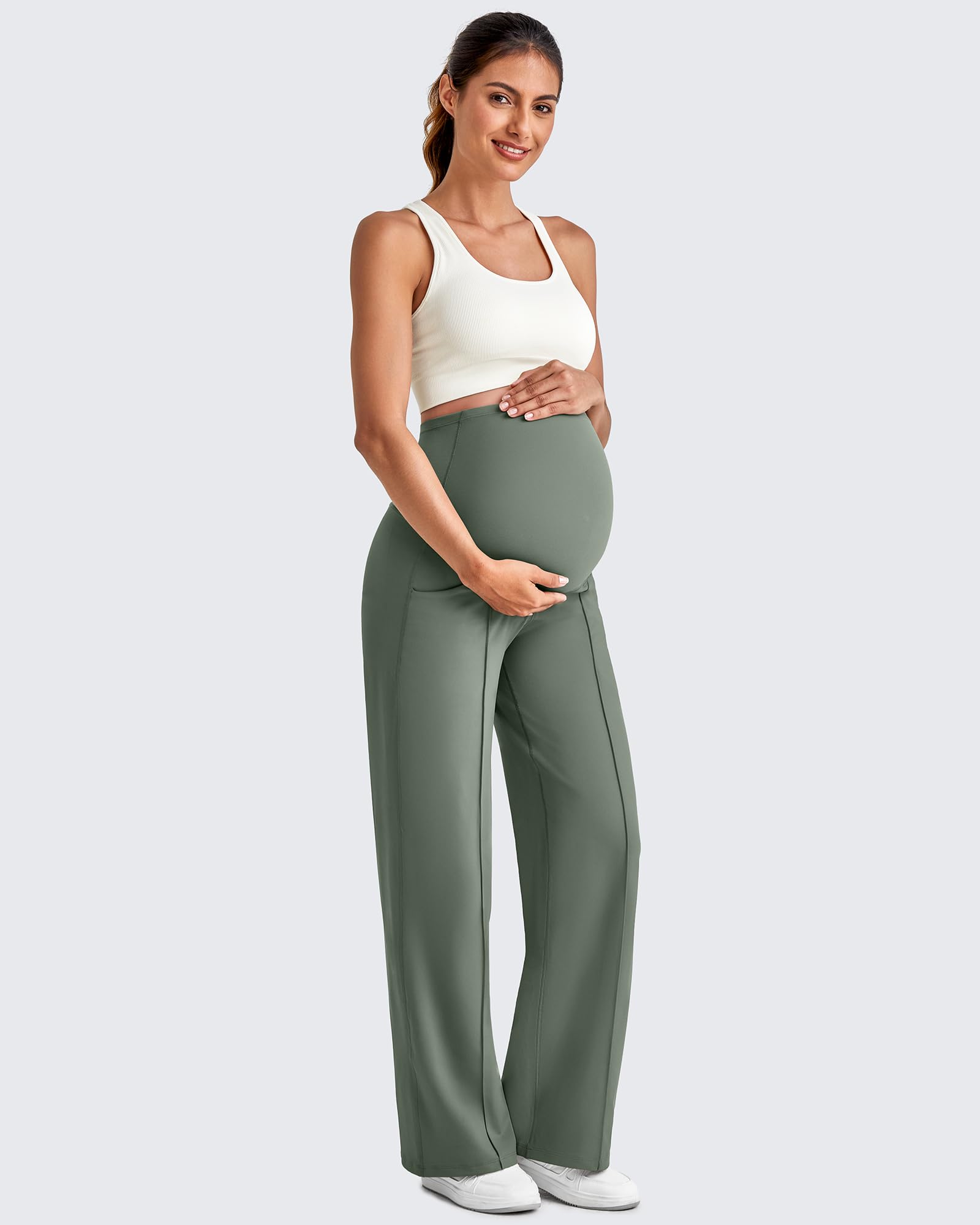 G4Free Maternity Pants Over the Belly with Pockets,Gray Sage,XS,Tall