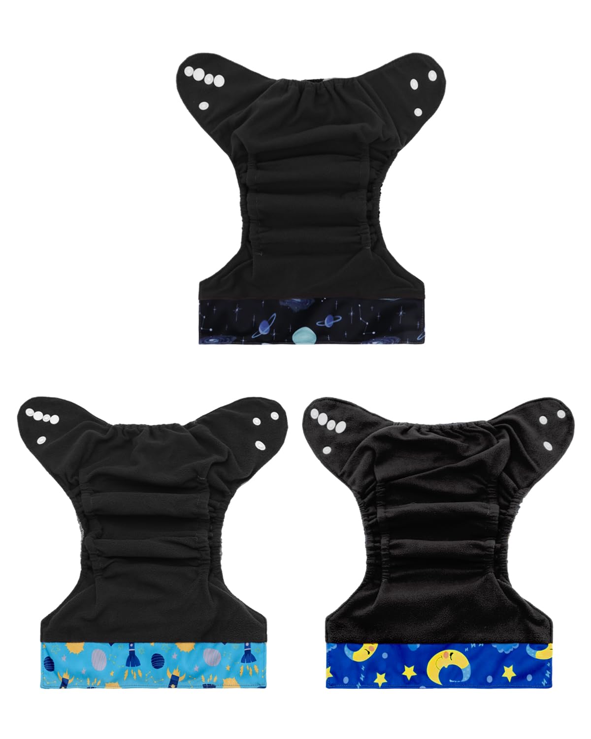 babygoal Reusable Charcoal Cloth Diapers with Double Gussets, 3 Pack Washable Baby Pocket Diapers with 3pcs Charcoal Inserts and Wet Dry Bag(Space,Moon,Star,Rocket)