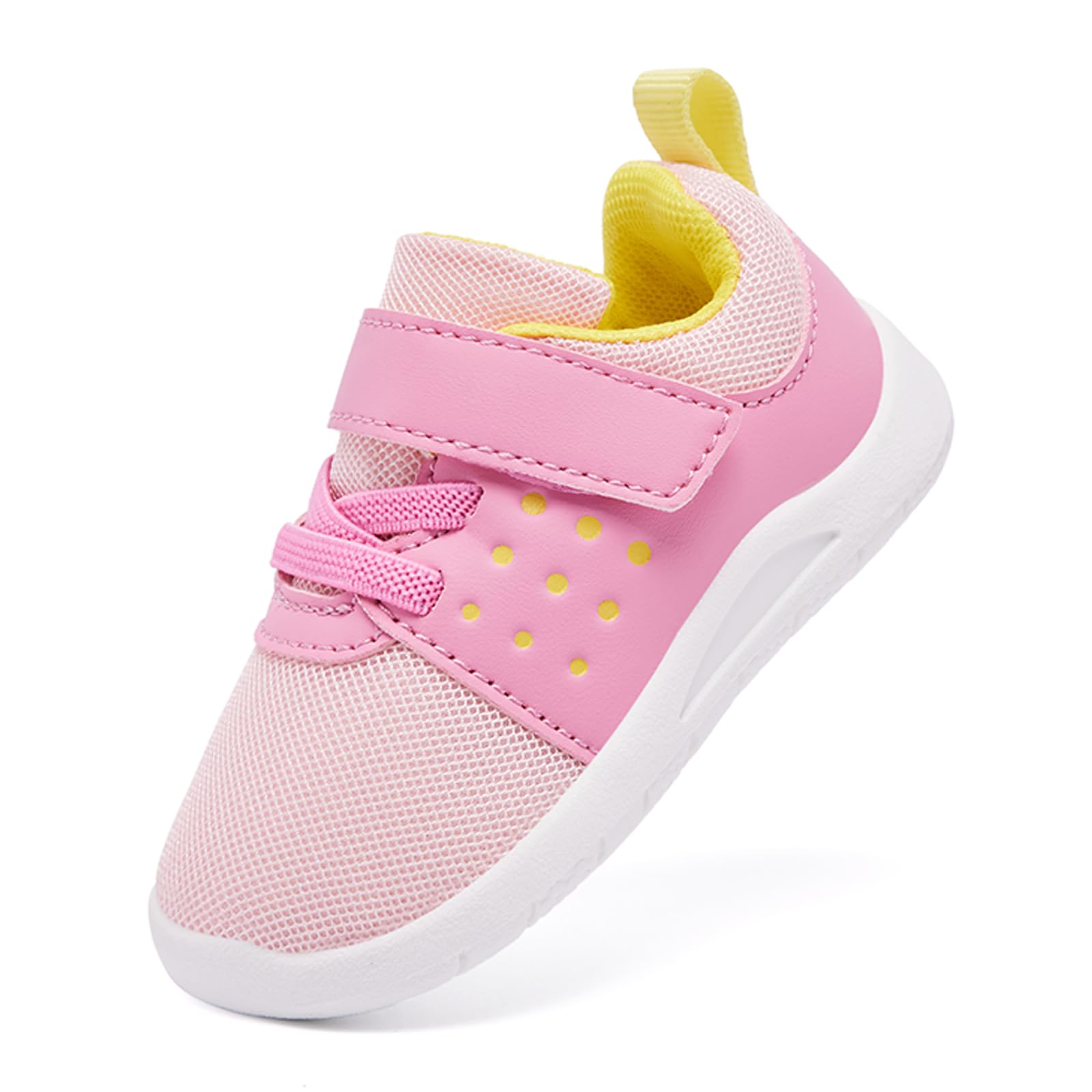 MORENDL Toddler Baby Shoes 0-4 Years Boy Girl Lightweight Breathable Non-Slip Sports Sneakers Running Walking Tennis Barefoot Shoes Pink Yellow 12-15Months