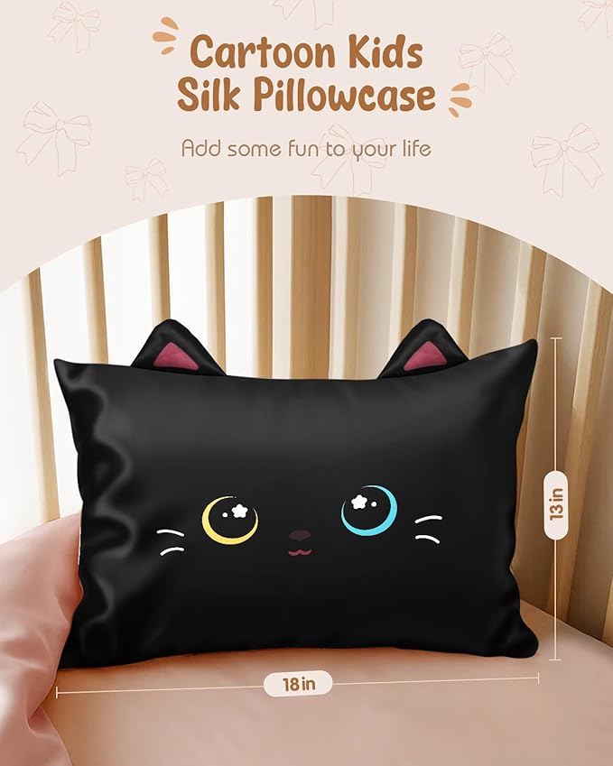 Toddler Pillowcases 13"x18" for Kids - Cute Cartoon Soft Breathable Silk Pillow Cases for Hair and Skin with Hidden Zipper for Girls Fun Kawaii Design for Bedding, Black Cat