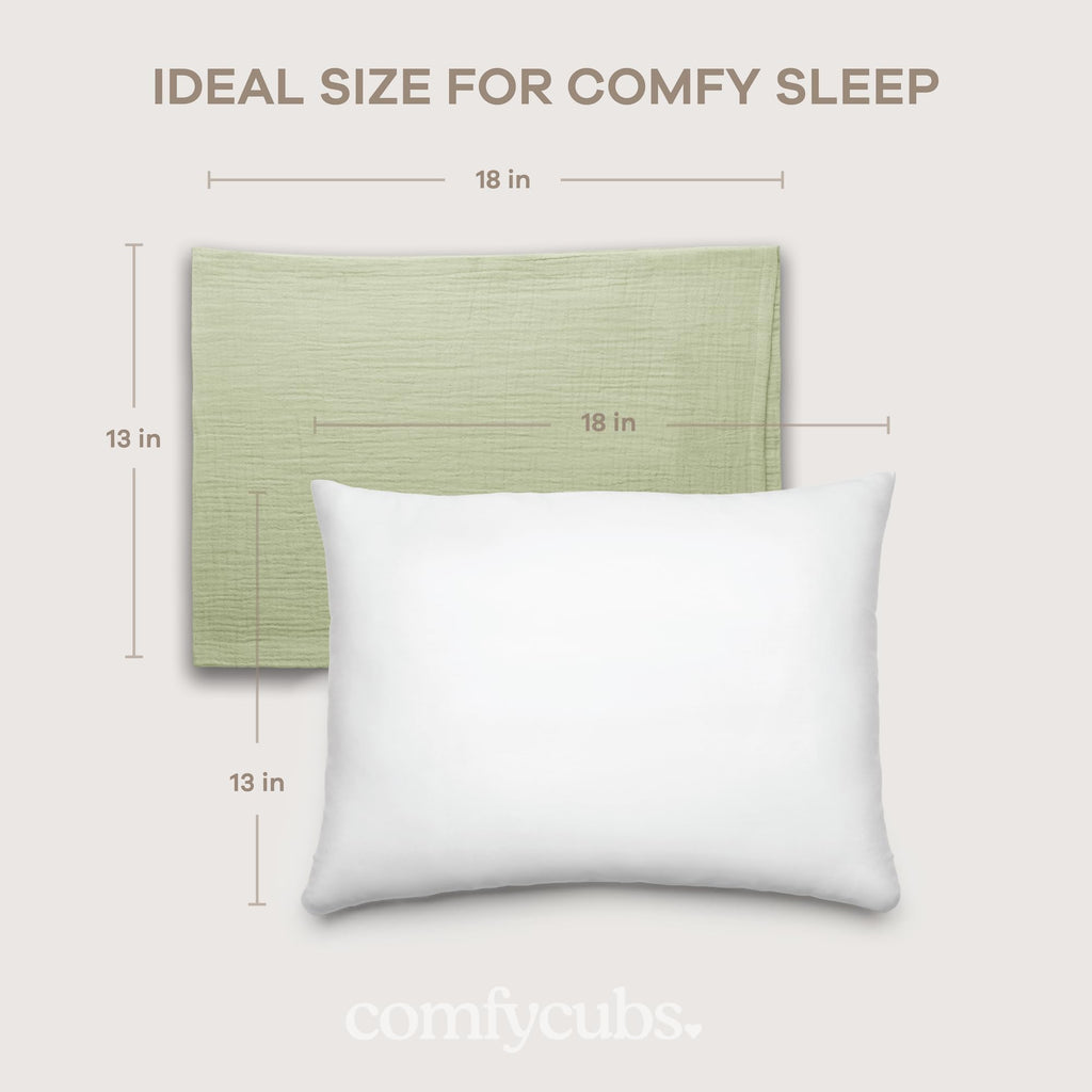 Comfy Cubs Toddler Pillow with Muslin Pillowcase, 13 x 18 in, 2 Pack - Lightweight, Breathable Microfiber Fill for Sleeping and Travel - Soft and Cozy Small Pillow for Toddlers - Sage