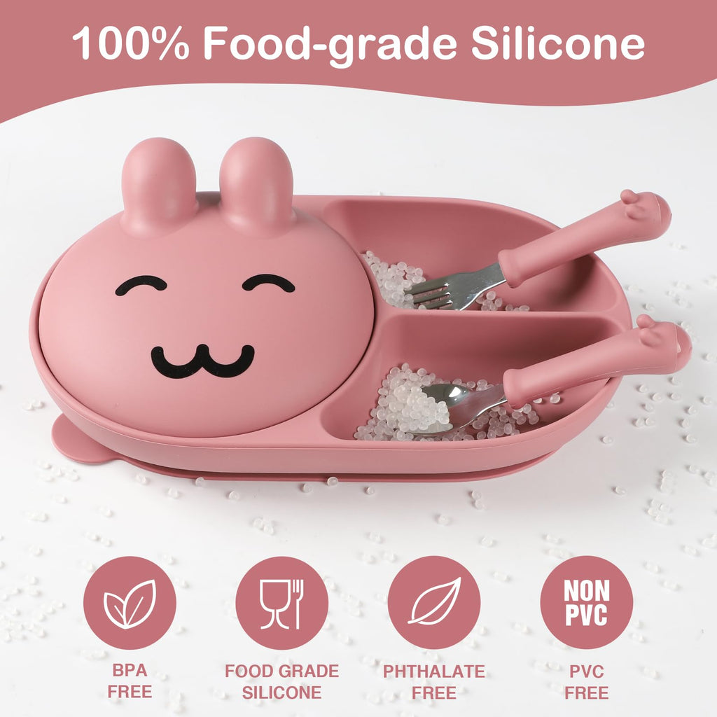 Silicone Baby Plate,Toddler plates,Self-feeding of infants after weaning, 100% Food Grade Silicone, BPA Free, Baby Dinnerware, Baby Plates With Suction, Divided Plate for Babies (pink)