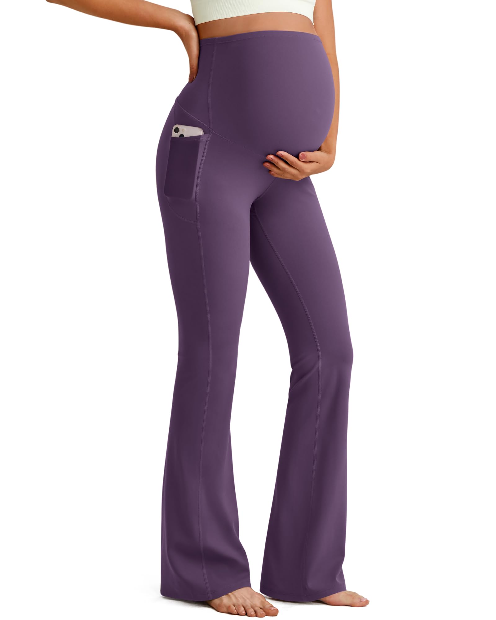 G4Free Maternity Pants Leggings Over the Belly Flare,Grape Purple,L,Petite