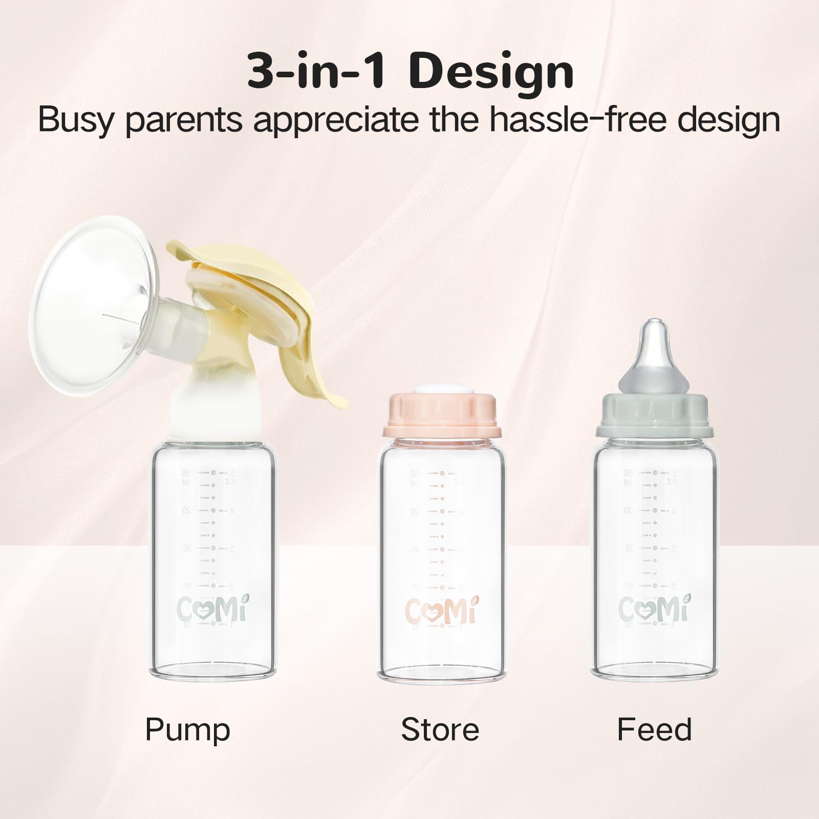COMI Natural Glass Baby Bottle,Standard Neck Breastmilk Storage Bottle for Fridge,Breast Milk Container,Breast Pump Bottle Compatible with Medela Breast Pump,BPA Free,6PCS (5oz,3 Gray+3 Pink)