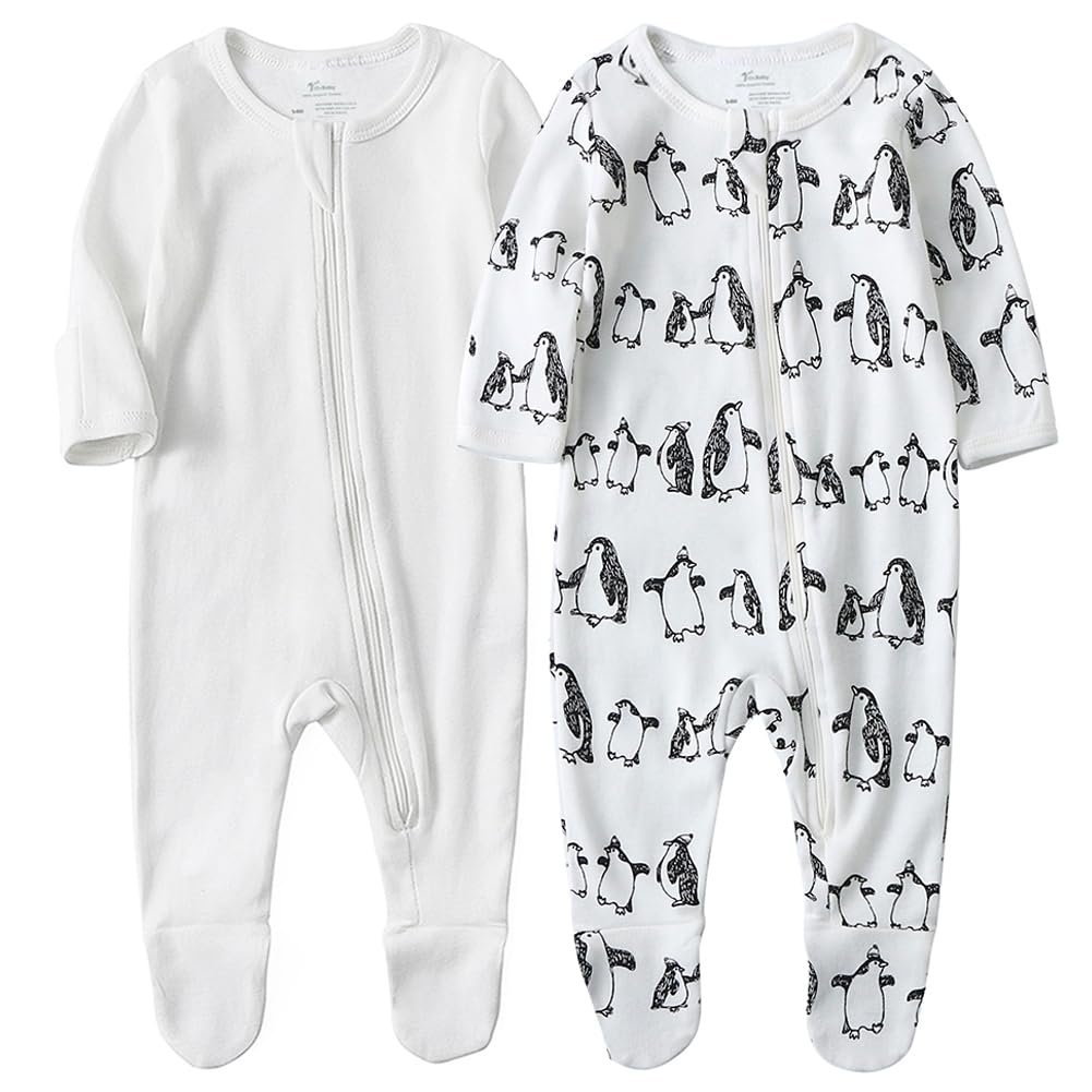 O2 BABY Baby Boys Girls Organic Cotton Zip Front Sleeper Pajamas, Footed Sleep 'n Play （12-18Months, Ivory）