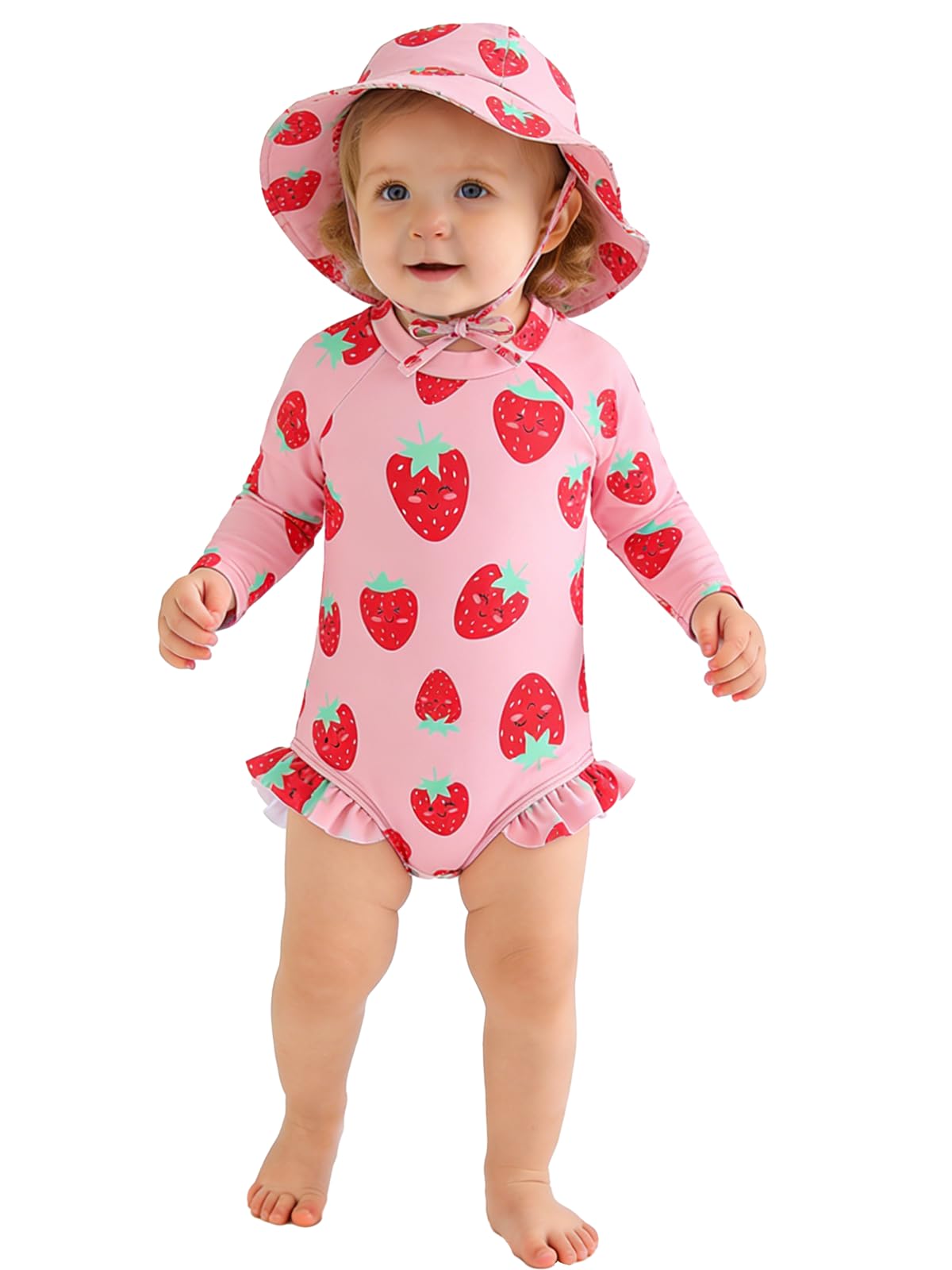 WOLBAY Baby Girl Swimsuit Long Sleeve One Piece Rash Guard with Sun Hat Zipper Bathing Suit Size 0-2T (US, Age, 18 Months, 24 Months, Strawberry)