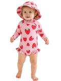 WOLBAY Baby Girl Swimsuit Long Sleeve One Piece Rash Guard with Sun Hat Zipper Bathing Suit Size 0-2T (US, Age, 18 Months, 24 Months, Strawberry)