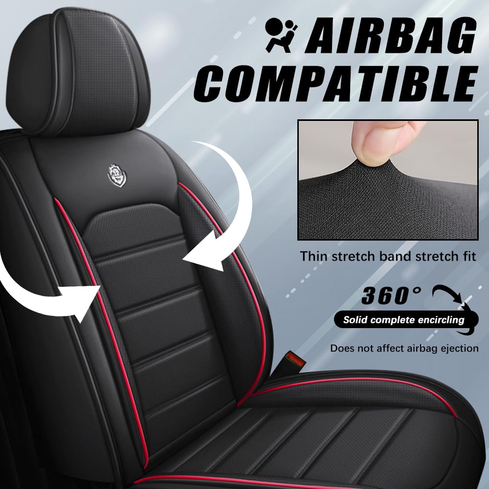 LEYPOCO Leather Seat Cover for Ford Edge 2010-2026,Waterproof Soft Seat Covers,Interior Accessories Seat Covers Cushion Vehicle Protector Airbag Compatible(Black&Red,Full Set)
