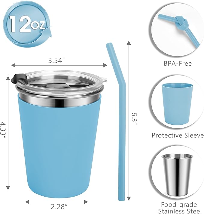 Kids Cups with Straws and Lids, 5 Pack 12oz Spill Proof Toddlers Straws Tumbler with Lids, Stainless Steel Kids Cups with Lids for School, Outdoor, Multicolor