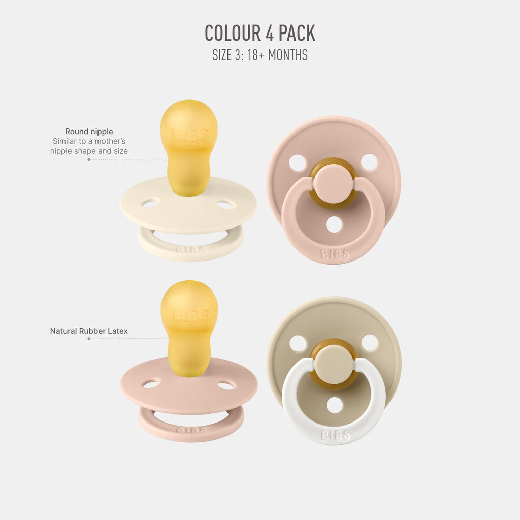 BIBS Colour Soother 4-Pack | BPA Free Dummy Pacifier | Round Nipple | Natural Rubber Latex | Made in Denmark | Size 18-36 Months | Blush Glow Mix