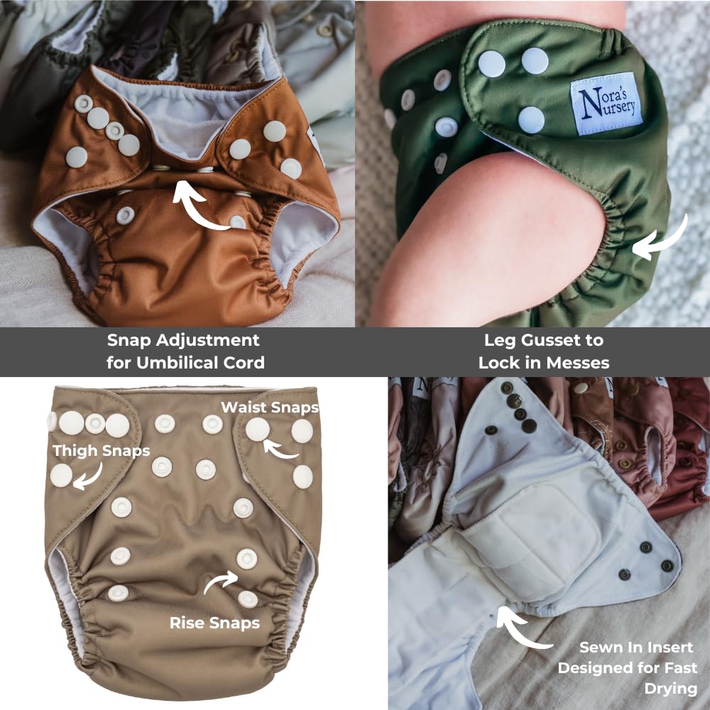 Nora's Nursery Newborn All-in-One Cloth Diaper 14-Pack with Diaper Pod for Clean Storage - Waterproof, Washable, Reusable, and Adjustable for Babies Under 12lbs - Evergreen