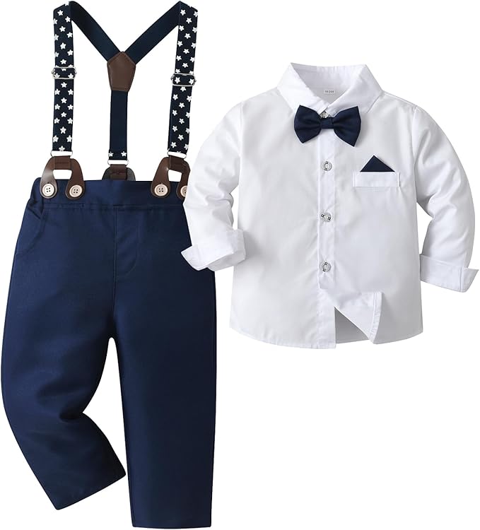 Boarnseorl Baby Boys Pants Sets,Toddler Gentleman Outfits, Infant Long Sleeve Shirt + Pants + Bow Tie + Suspenders