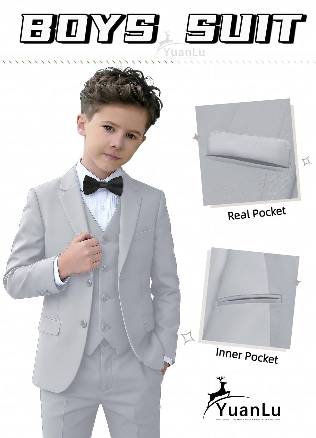 YuanLu Boys Suits Slim Fit Toddler Dress Outfit Kids Grey Tuxedo Size 3T