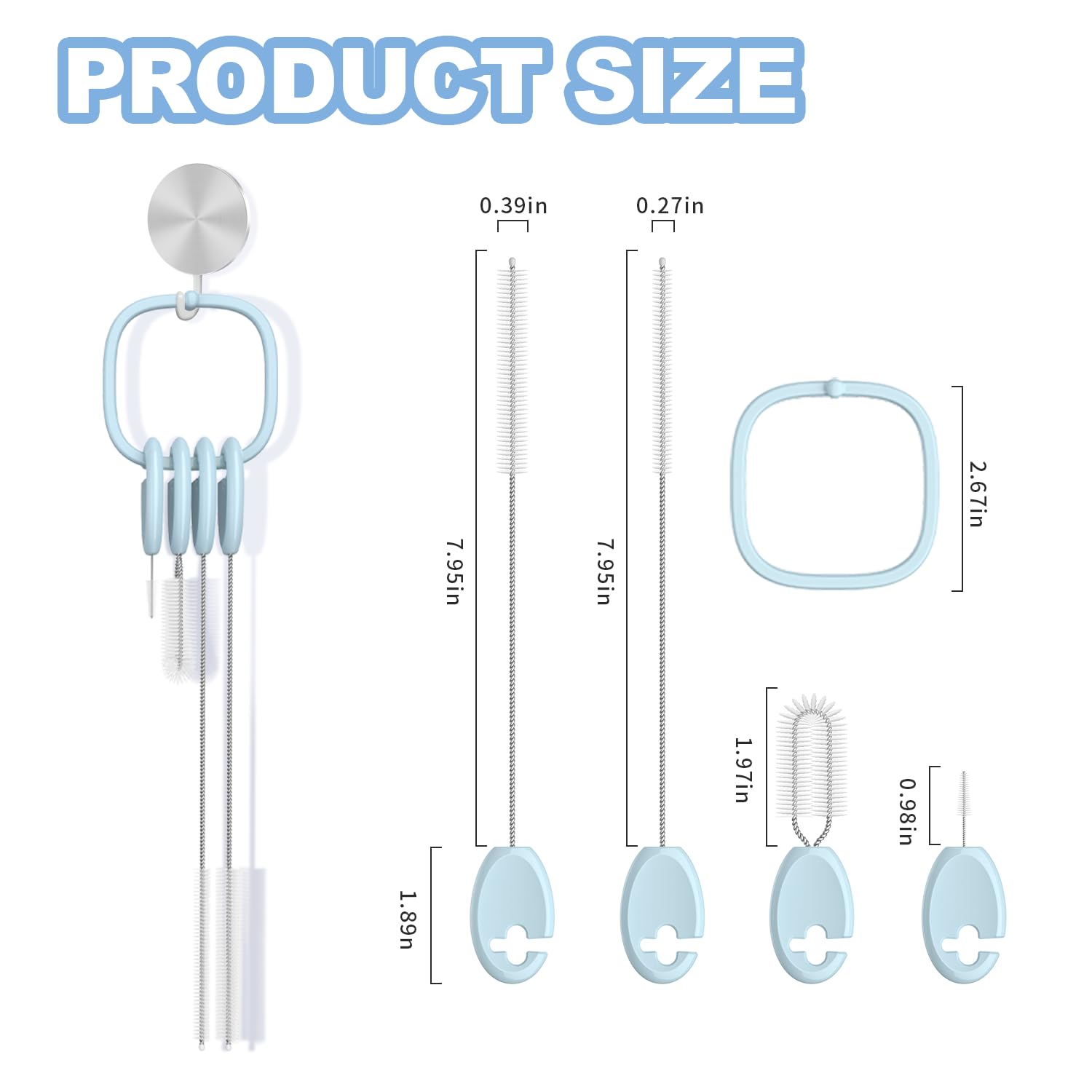 YOTIME 4in1 Straw Cleaner Brush Set, Reusable Standing Straw Brushs with Holder Ring, for Wide and Narrow Straws, Tumblers, Water Bottles and Cups, Blue