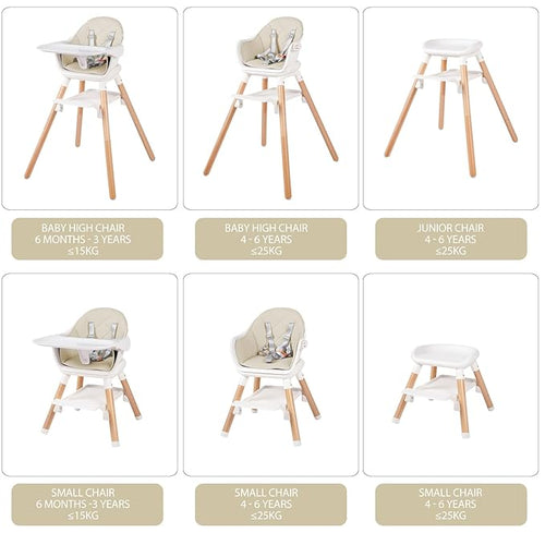 6 in 1 Baby High Chair, Convertible Wooden High Chairs, Beige