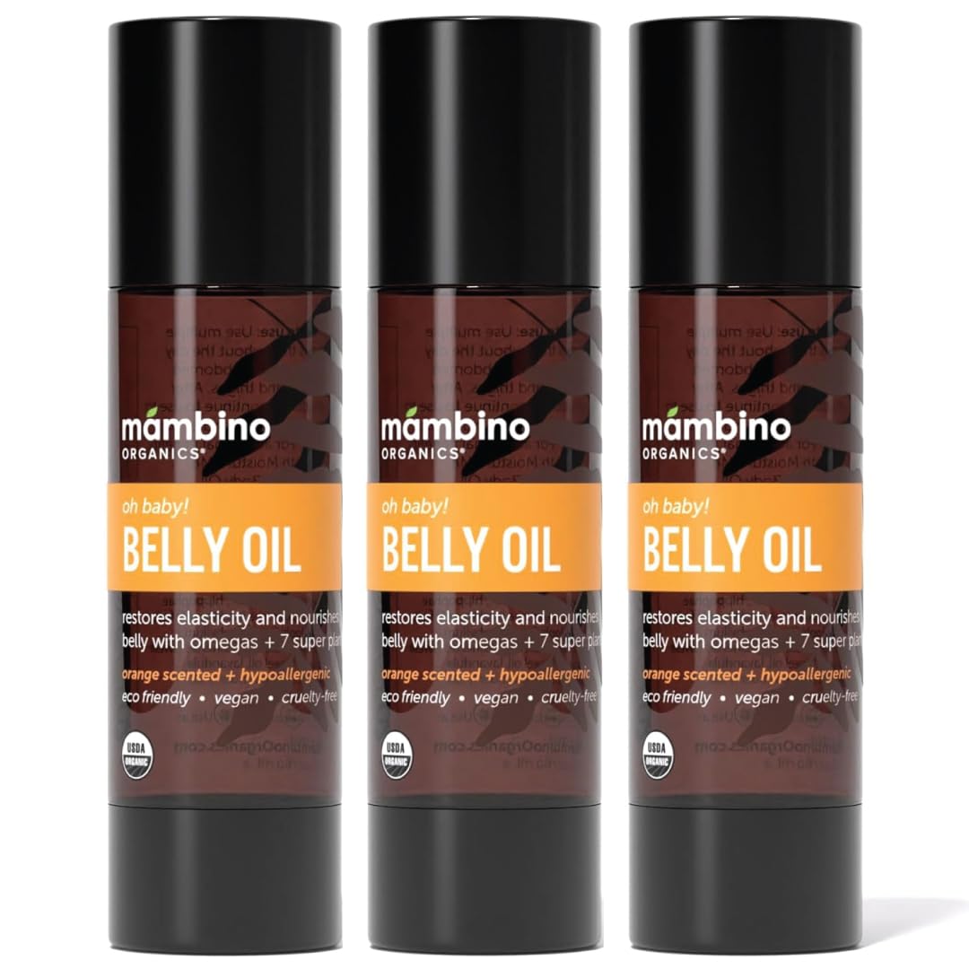 Mambino Organics Oh Baby! Belly Oil for Pregnant Women, Organic Stretch Mark Oil for Pregnancy, Postpartum Skin Elasticity, Hydration, Tamanu, Shea Butter, Calendula, Vegan, Non-GMO, 2 fl oz, 3-Pack