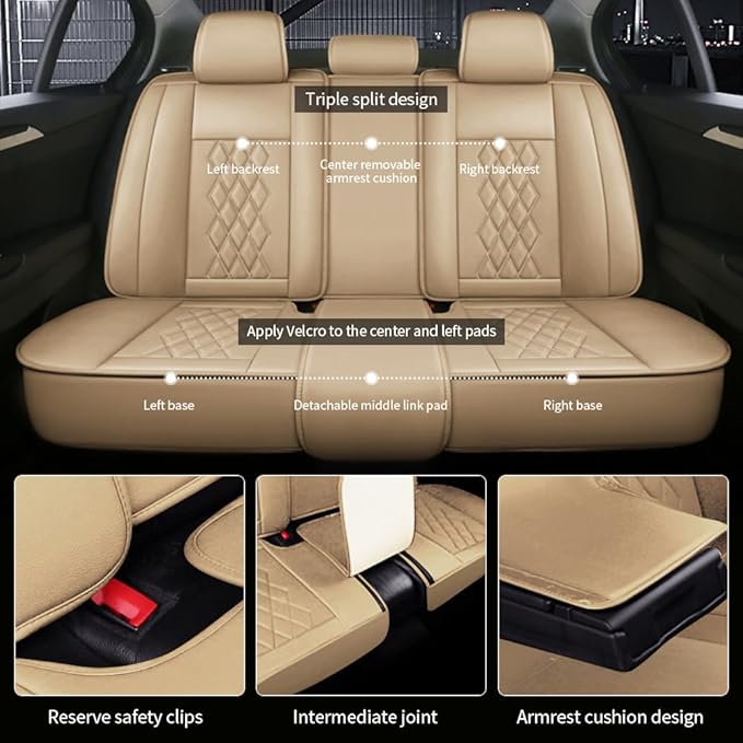 Leather Car Seat Covers for Volkswagen Atlas 2019-2023 Waterproof,Breathable and Non-Slip Napa Leather Car Interior Seat Covers,Comfortable and Durable,Easy to Install(5PCS,Luxury,Beige)