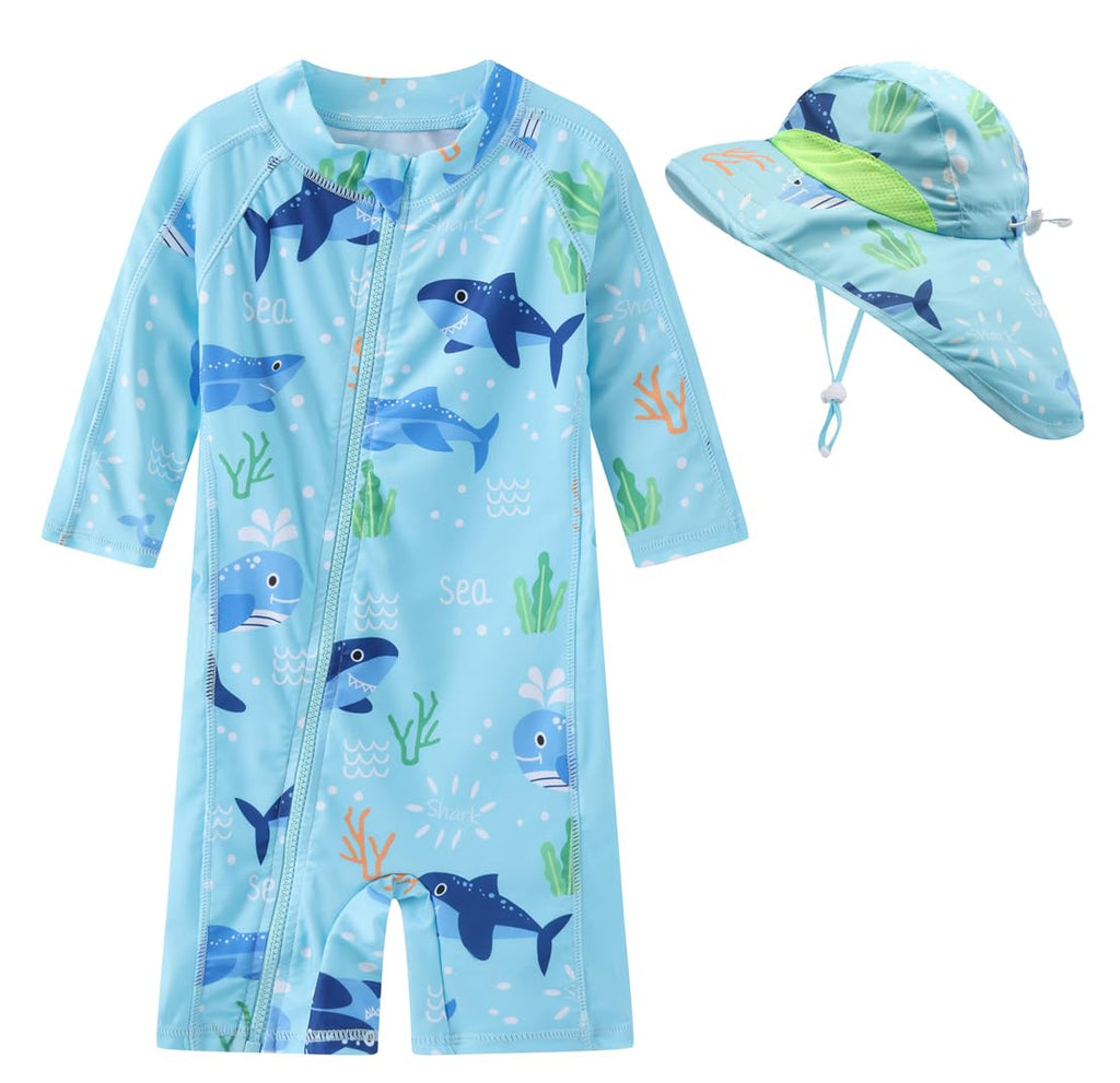 Toddler Baby Boys Swimsuit Rashguard One Piece Zipper Bathing Suit with Sun Hat Infant Swimwear Sunsuit UPF 50+（Sea Shark，6-9 Months）