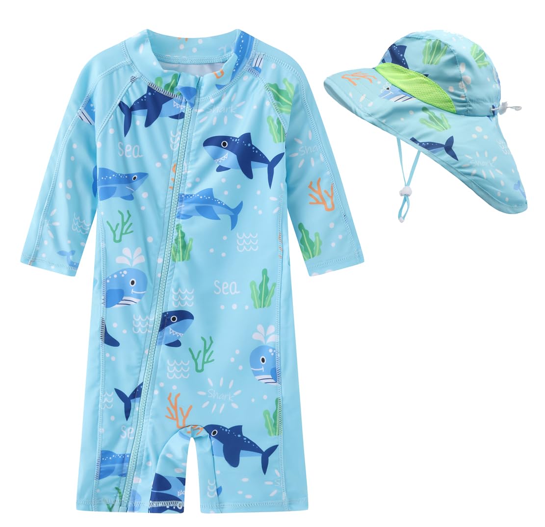 Toddler Baby Boys Swimsuit Rashguard One Piece Zipper Bathing Suit with Sun Hat Infant Swimwear Sunsuit UPF 50+（Sea Shark，6-9 Months）