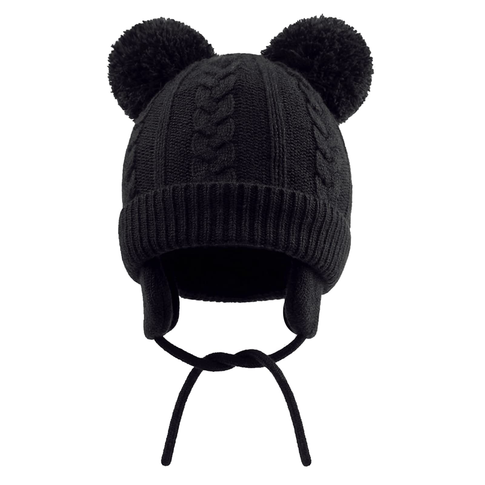 Duoyeree Toddler Winter Hat, Earflap Double Pom Pom Knit Beanie 0-36M Black