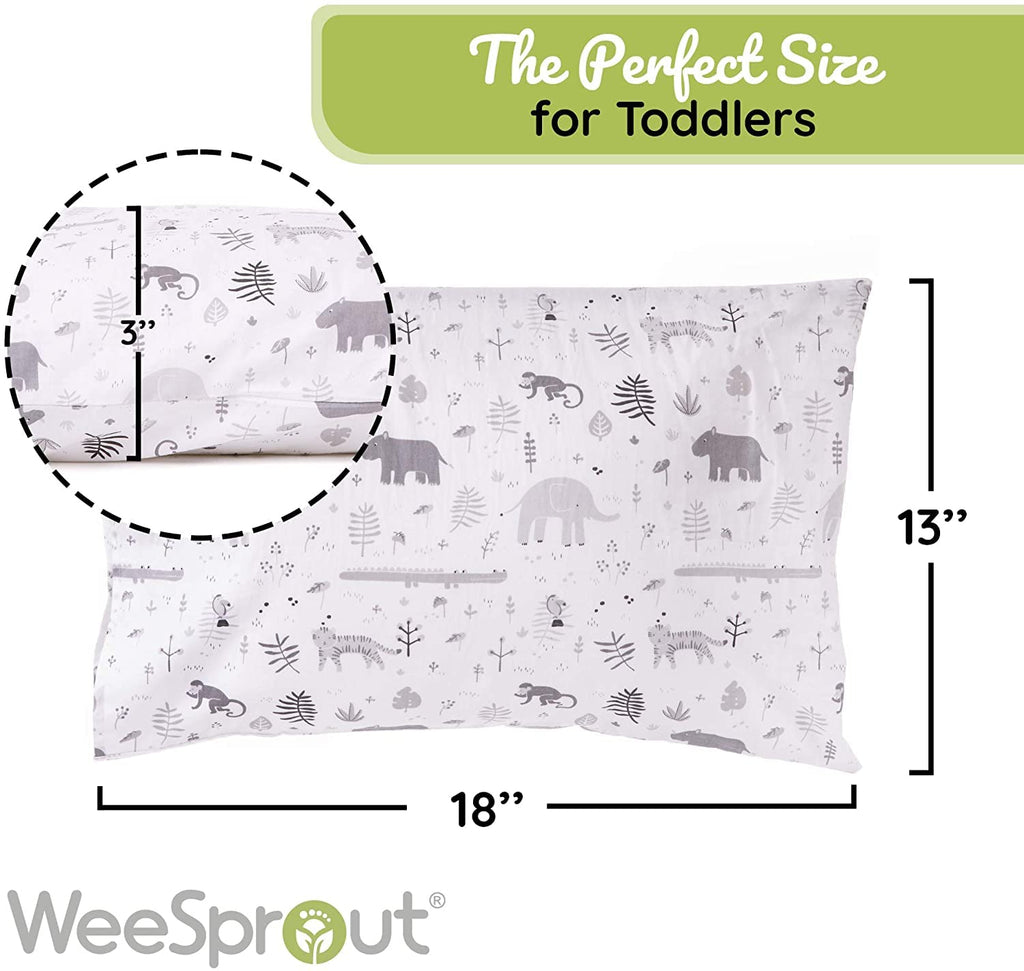 WeeSprout Toddler Polyester Organic Cotton Shell and Pillowcases, Small Kids Pillow, Soft and Supportive Polyfiber Filling, Machine Washable, 18 x 13 x 3 (White + Safari Print, 3 Piece Set)