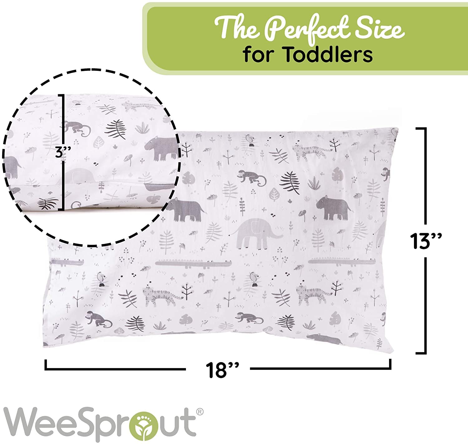 WeeSprout Toddler Polyester Organic Cotton Shell and Pillowcases, Small Kids Pillow, Soft and Supportive Polyfiber Filling, Machine Washable, 18 x 13 x 3 (White + Safari Print, 3 Piece Set)