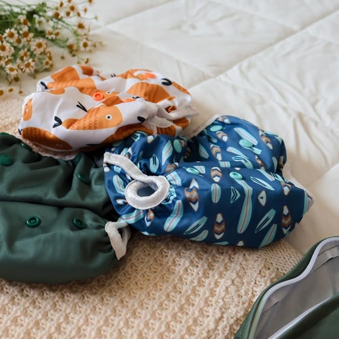 Nora's Nursery Reusable Swim Diapers and Wet Bag - One Size Fully Adjustable - Harbor Hues Unisex 3 Pack with Wet Bag