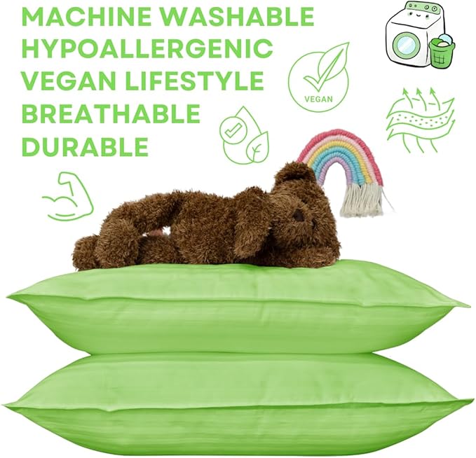 kinder Fluff Toddler Pillow (2Pack) 10x15in - First Pillow for Kids Age 2+, 100% Cotton Sateen Stripes Shell 300T, Down Alternative Fill, Machine Washable - Children & Travel Cushion - Green - XS