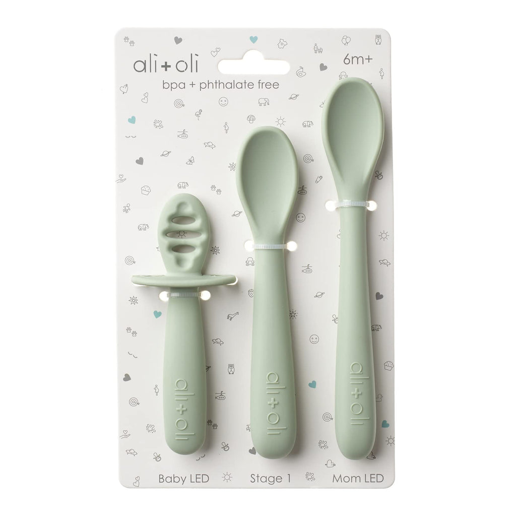 Ali+Oli (3pc) Silicone Spoon Set for Baby (Pine) Unbreakable Baby Spoons, Self Feeding Utensils, Multi-stage Design, Ergonomic Handle