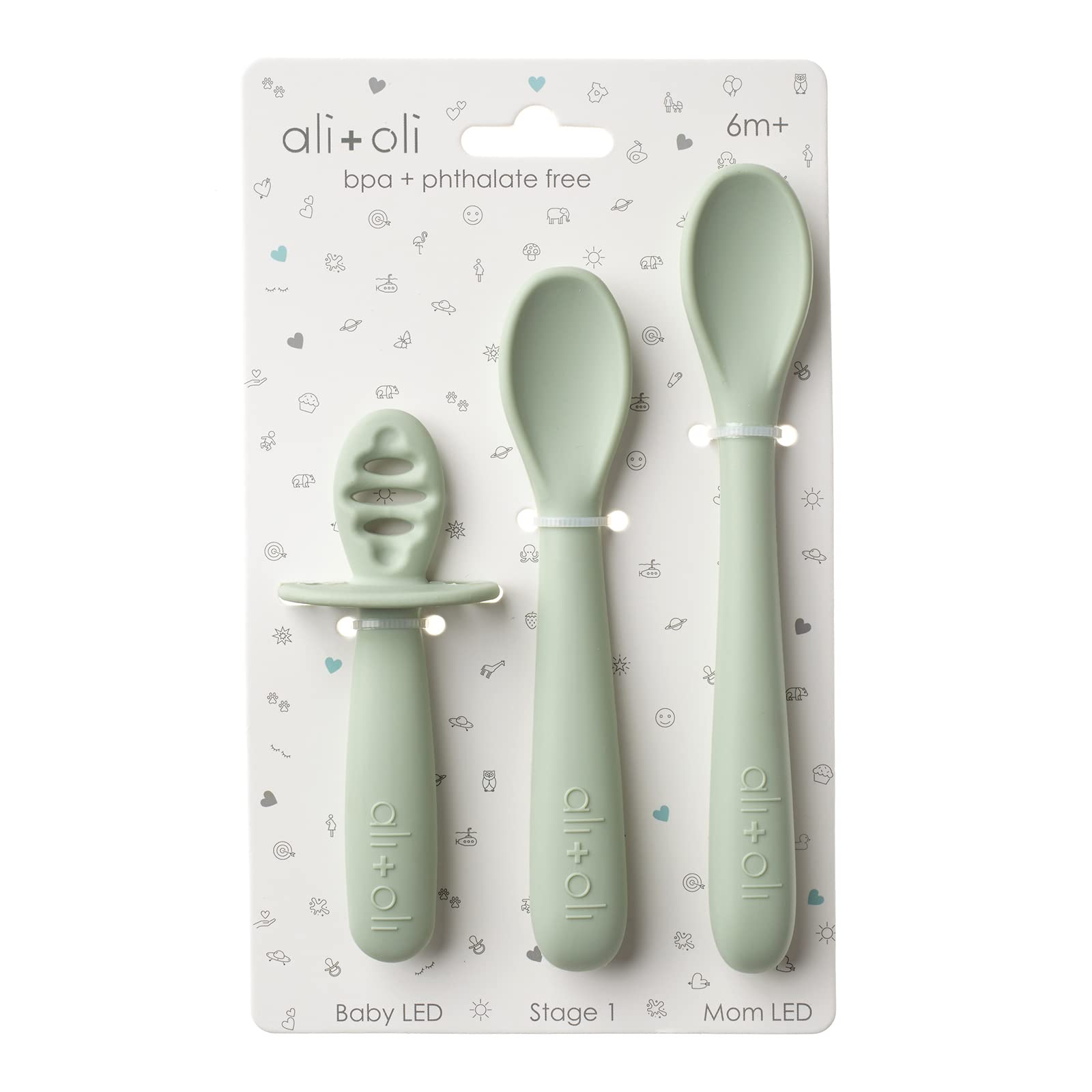 Ali+Oli (3pc) Silicone Spoon Set for Baby (Pine) Unbreakable Baby Spoons, Self Feeding Utensils, Multi-stage Design, Ergonomic Handle