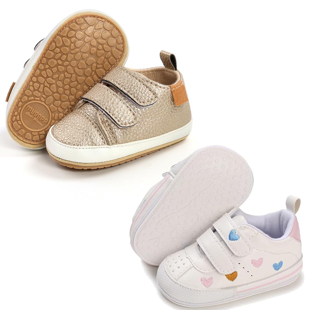 eitwo 2Pairs Baby Shoes,Boys Girls Non-Slip Rubber Sole Sneakers,Unisex Infant Soft Lightweight First Walking Crib Shoes (2Pairs_Heart+Gold,3-6 Months)