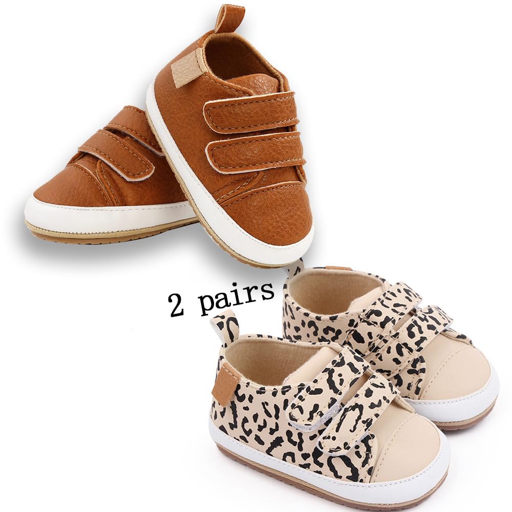 eitwo 2Pairs Baby Shoes,Boys Girls Non-Slip Rubber Sole Sneakers,Unisex Infant Soft Lightweight First Walking Crib Shoes (2Pairs_Brown+Leopard,6-12 Months)
