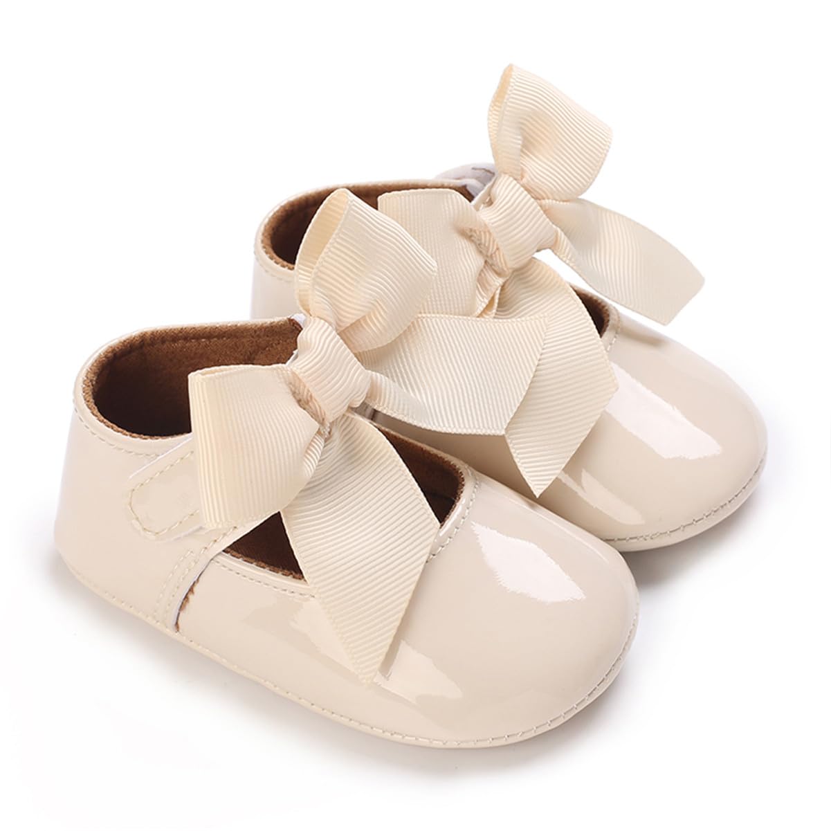 COSANKIM Baby Girls Mary Jane Flats Shoes Anti-Slip Rubber Sole Infant Toddler Princess Wedding Dress Shoes(12-18 Months Toddler, A/Beige)